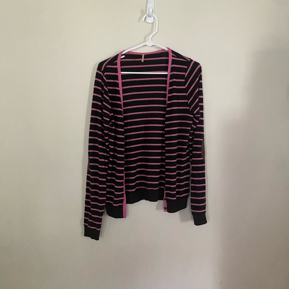 Poof! Pink and Black Striped Cardigan Sweater